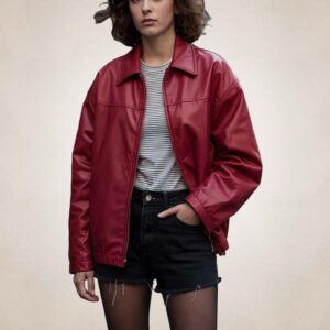 Women's Red Oversized Leather Bomber Jacket