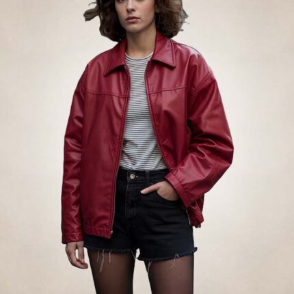 Women's Red Oversized Leather Bomber Jacket