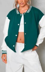 Women's Sea Green Varsity Leather Bomber Jacket - Image 3