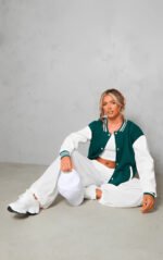 Women's Sea Green Varsity Leather Bomber Jacket - Image 4