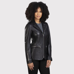 Women's Slim Fit Black Leather Jacket in Blazer Style