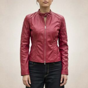 Women?s Slim Fit Red Leather Biker Jacket