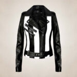 Women's Black and White Striped Leather Biker Jacket