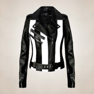 Women's Black and White Striped Leather Biker Jacket
