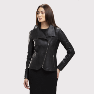 Stylish Collar Women's Black Bomber Leather Jacket