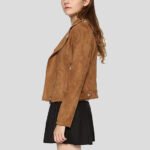 Women's Stylish Notched Collar Oblique Zip Suede Leather Moto Jacket - Image 3