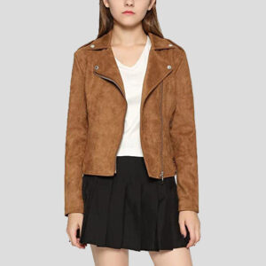 Women's Stylish Notched Collar Oblique Zip Suede Leather Moto Jacket