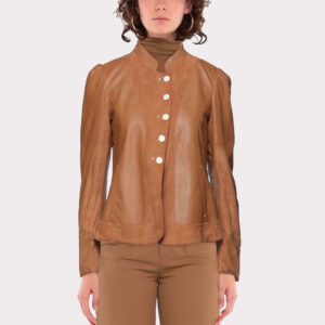 Women's Single-Breasted Leather and Suede Jacket with Mandarin Collar