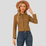 Women's Suede Jacket Stand Collar Zip Up Long Sleeve Motorcycle Biker Coat - Image 2
