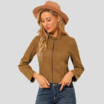 Women's Suede Jacket Stand Collar Zip Up Long Sleeve Motorcycle Biker Coat - Image 3