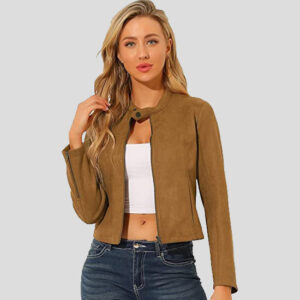 Women's Suede Jacket Stand Collar Zip Up Long Sleeve Motorcycle Biker Coat