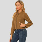 Women's Suede Jacket Stand Collar Zip Up Long Sleeve Motorcycle Biker Coat - Image 4