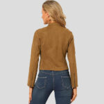 Women's Suede Jacket Stand Collar Zip Up Long Sleeve Motorcycle Biker Coat - Image 5