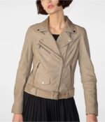 New Women's Tan Beige Suede Biker Leather Jacket - Image 2