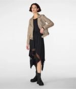 New Women's Tan Beige Suede Biker Leather Jacket - Image 4