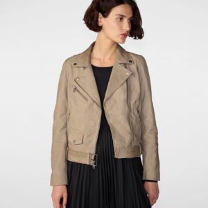 New Women's Tan Beige Suede Biker Leather Jacket