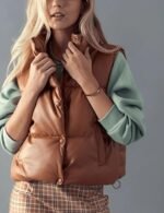 Women's Tan Brown Puffer Leather Vest - Image 2
