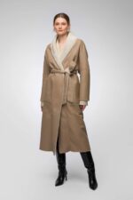 Women's Tan Brown Shearling Leather Coat With Belted Waist - Image 3