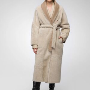 Women's Tan Brown Shearling Leather Coat With Belted Waist