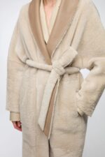 Women's Tan Brown Shearling Leather Coat With Belted Waist - Image 4