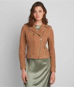 Women's Tan Brown Suede Leather Moto Jacket - Image 4