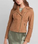 Women's Tan Brown Suede Leather Moto Jacket - Image 2