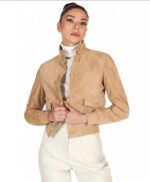 Women's Tan Brown Trucker Suede Leather Jacket - Image 4