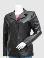 Women's Three-Button Black Leather Blazer Coat