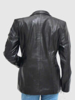 Women's Three-Button Black Leather Blazer Coat - Image 2