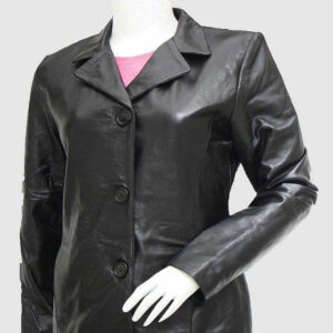 Women's Three-Button Black Leather Blazer Coat
