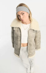 Women's White Distressed Bomber Leather Jacket - Image 2