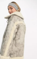 Women's White Distressed Bomber Leather Jacket - Image 3
