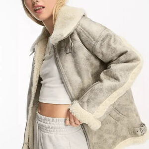 Women's White Distressed Bomber Leather Jacket