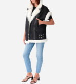 Women's White Fur Leather Biker Vest In Black - Image 4