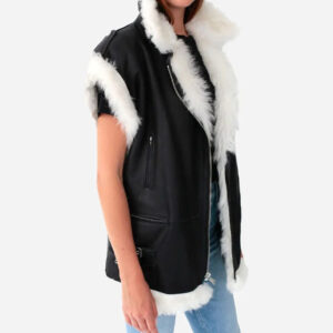 Women's White Fur Leather Biker Vest In Black