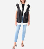 Women's White Fur Leather Biker Vest In Black - Image 2
