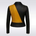 Women’s Yellow and Black Studded Leather Biker Jacket - Image 2
