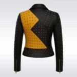 Women’s Yellow and Black Studded Leather Biker Jacket - Image 3