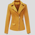 Women's Yellow Suede Leather Moto Biker Jacket - Image 3